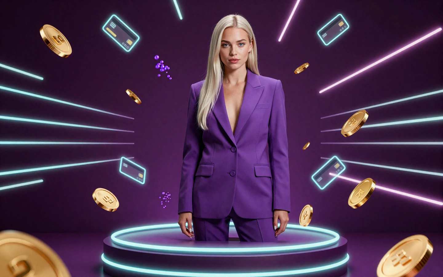 Model auf Neon-Podium umgeben von schwebenden Zahlungs-Coins und Kartensymbolen im GambleZen Online Casino mit PayPal und Paysafecard