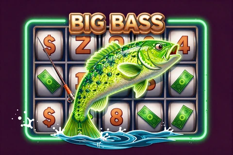 Big Bass Slot-Serie mit gr&uuml;nem Neon-Fisch und Angel-Symbolen f&uuml;r Freispiele bei GambleZen