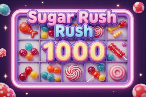 Sugar Rush 1000 Slot mit bunten S&uuml;&szlig;igkeiten und pastellfarbenen Neon-Walzen f&uuml;r Freispiele bei GambleZen