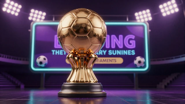 Goldene Fu&szlig;ball-Troph&auml;e mit Neon-Stadionlicht f&uuml;r das Turnier Time of Champions Golden Goal