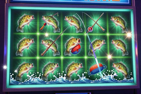 Big Bass Splash Angel-Slot mit gr&uuml;nem Neon-Glow und springenden Fischen bei GambleZen