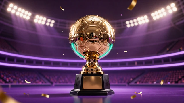 Goldene Fu&szlig;ball-Troph&auml;e unter Neon-Stadionlicht f&uuml;r das Turnier Time of Champions Golden Goal