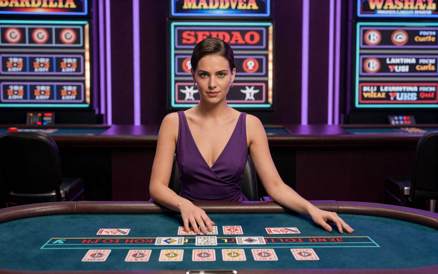 Elegantes Model am neonbeleuchteten Blackjack-Tisch mit leuchtenden Karten und Roulette-Rad im GambleZen Live Casino Deutschland
