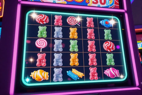 Sugar Rush 1000 Slot mit bunten S&uuml;&szlig;igkeiten-Symbolen und Neon-Glow im GambleZen Casino