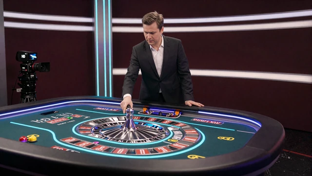 Professioneller Dealer an einem Speed Roulette Tisch im GambleZen Live Casino Studio mit Neon-Beleuchtung