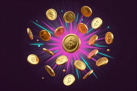 Goldene Jackpot-M&uuml;nzen mit Neon-Partikeln als Symbol f&uuml;r GambleZen Jackpots